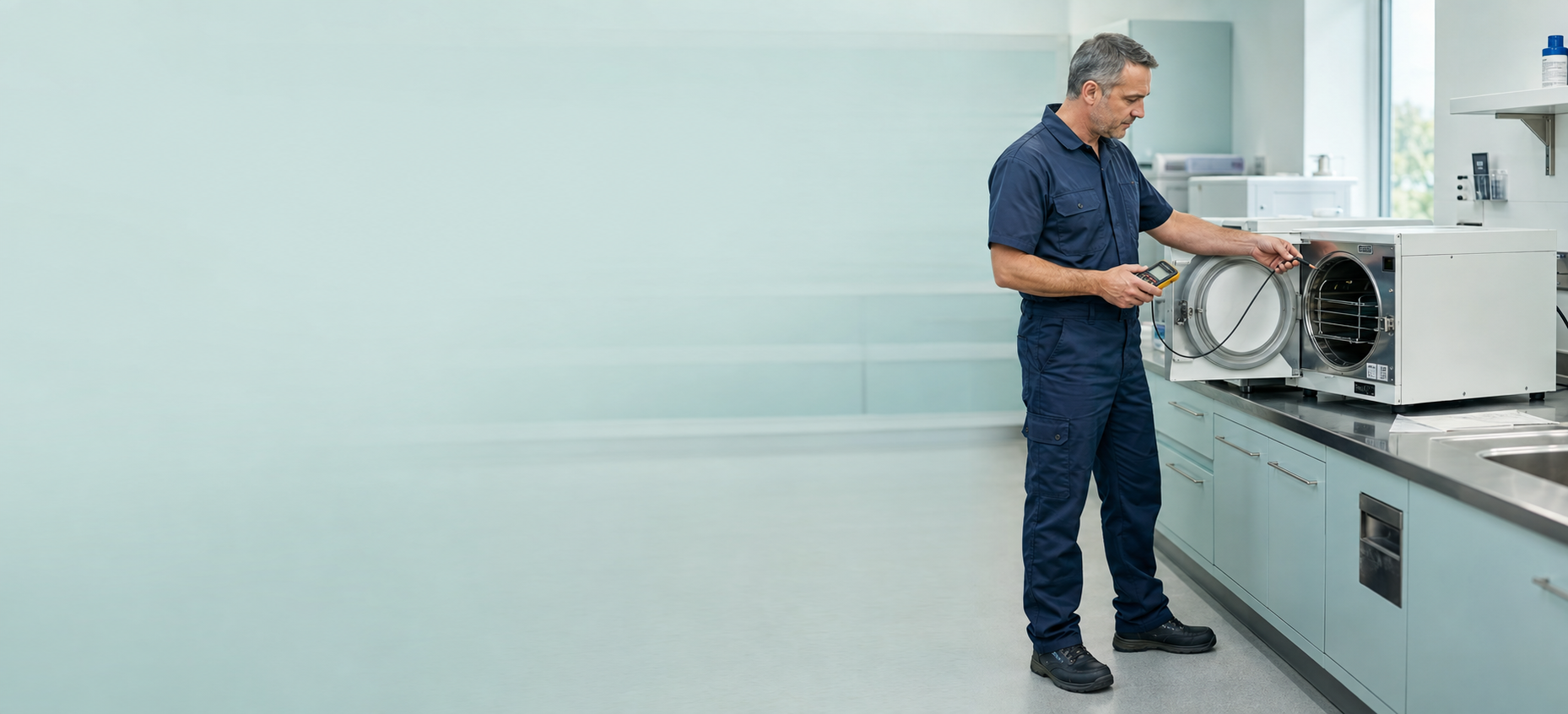 Medical equipment engineer carrying out planned care on a benchtop autoclave