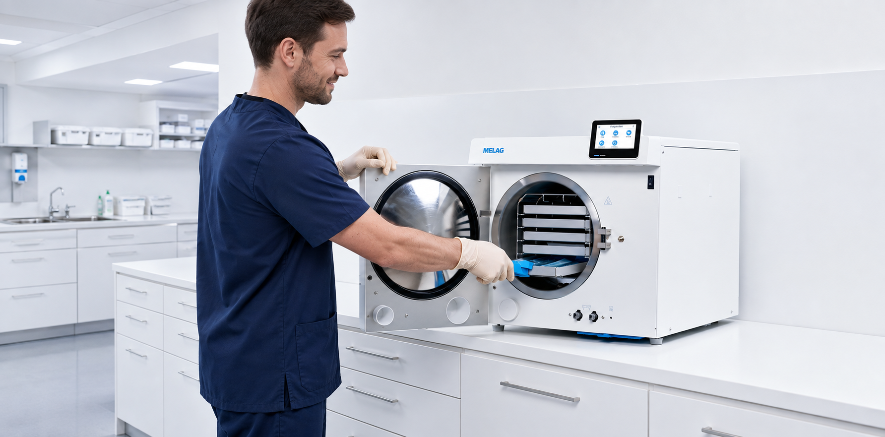 Male medical equipment technician inspecting a steriliser in a modern clinic