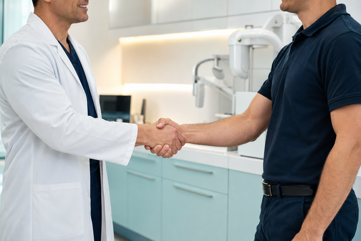 Medical equipment engineer and healthcare professional shaking hands in a modern clinic