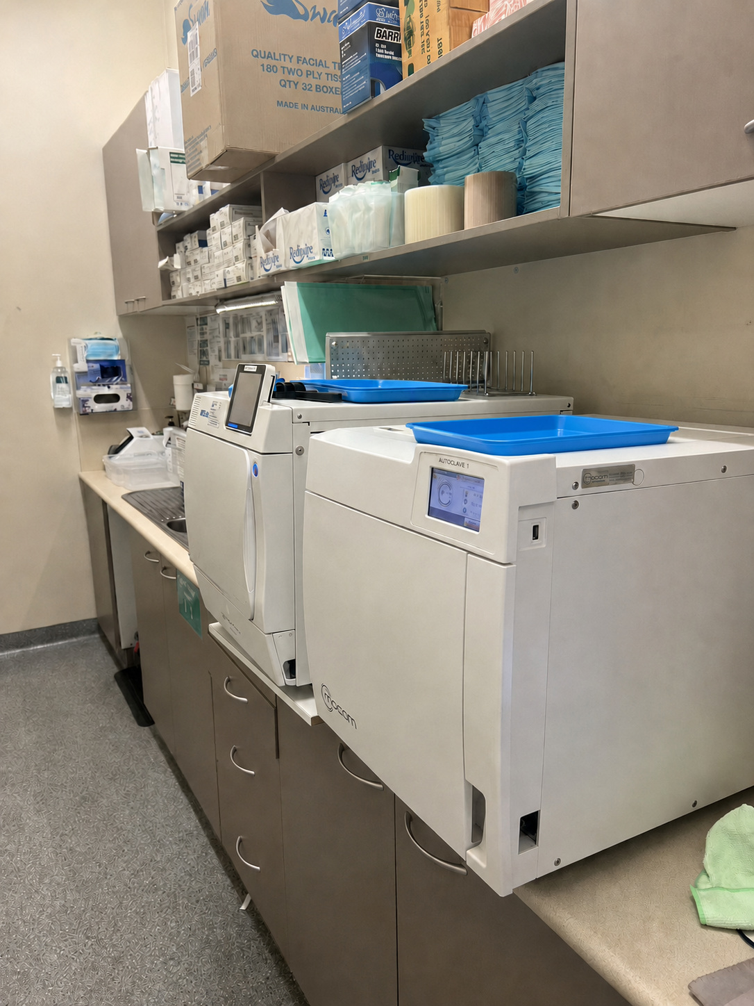 Clean clinical sterilisation room with benchtop autoclaves prepared for preventive maintenance