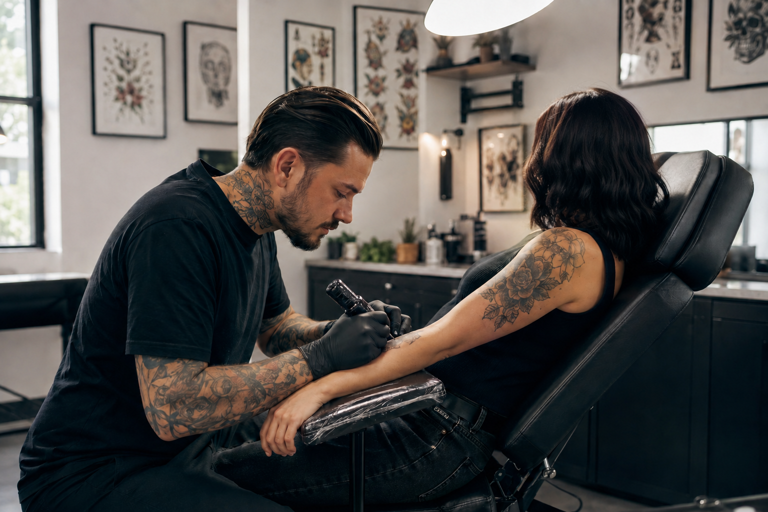 Professional tattoo artist working with a client facing away in a contemporary studio