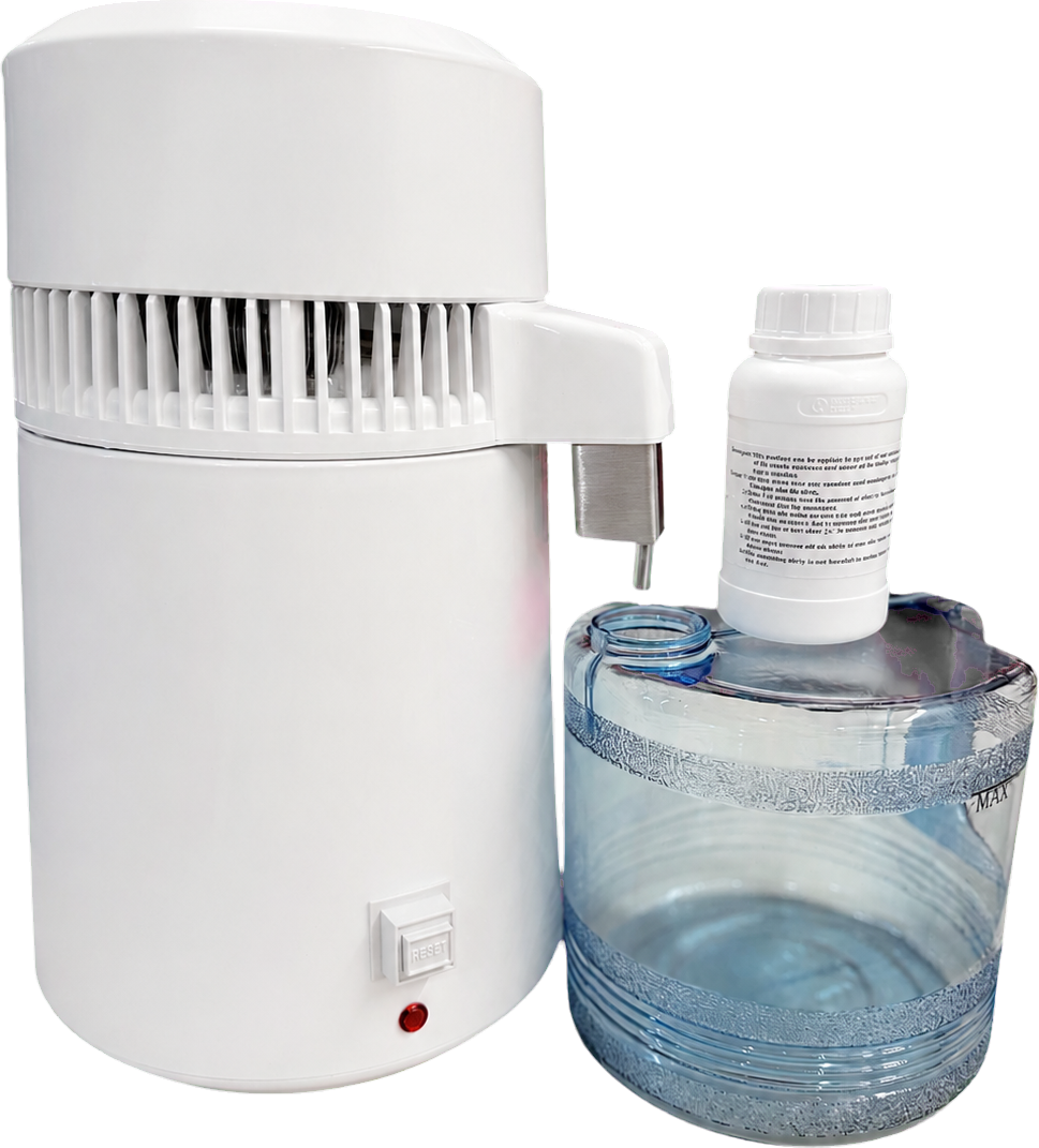 Automatic water distiller with blue collection container and cleaning bottle